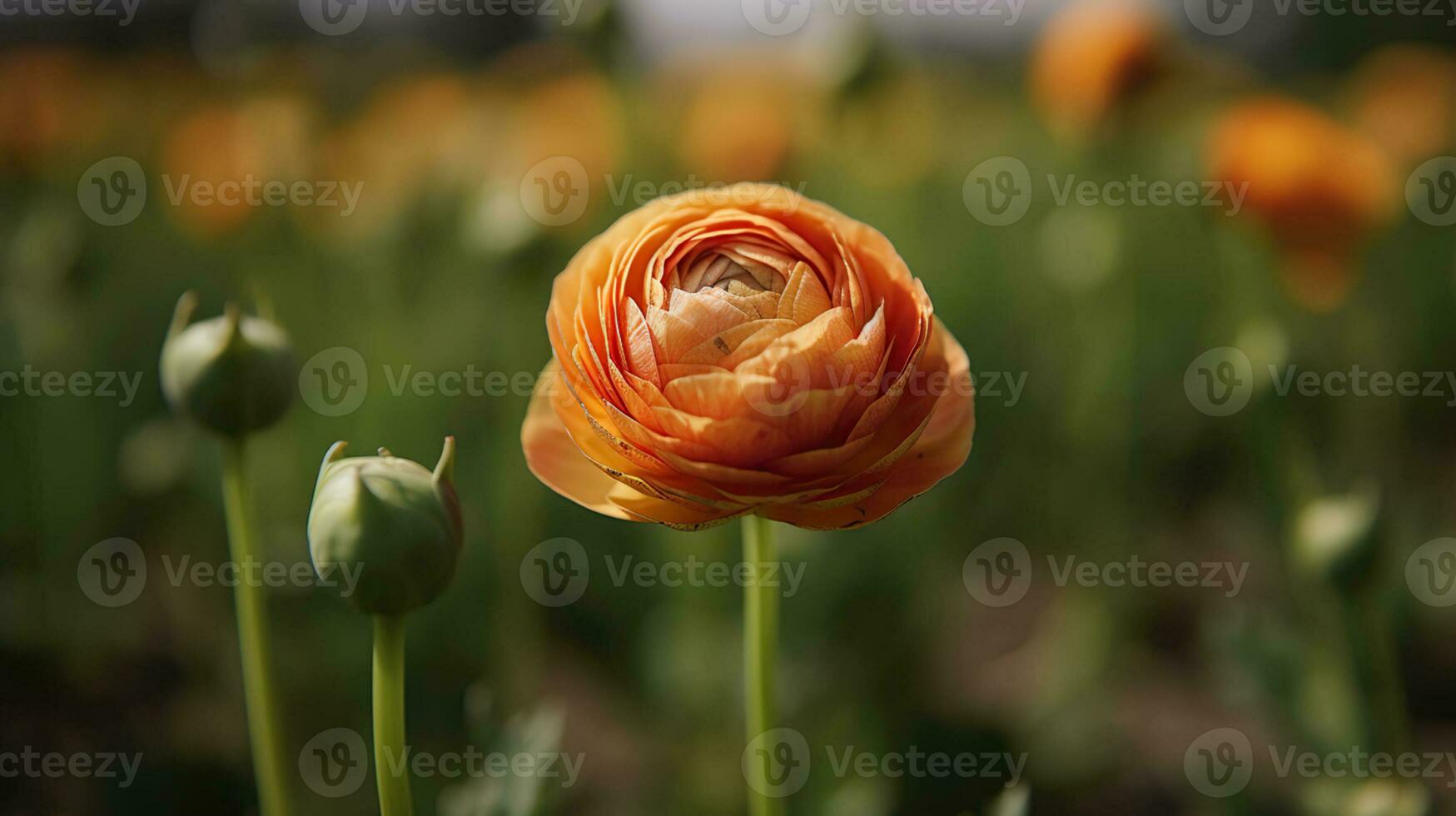 Close up shot of a beautiful blossoming ranunculus bud in the field. Persian buttercup flower farm at springtime blooming season. AI Generative photo
