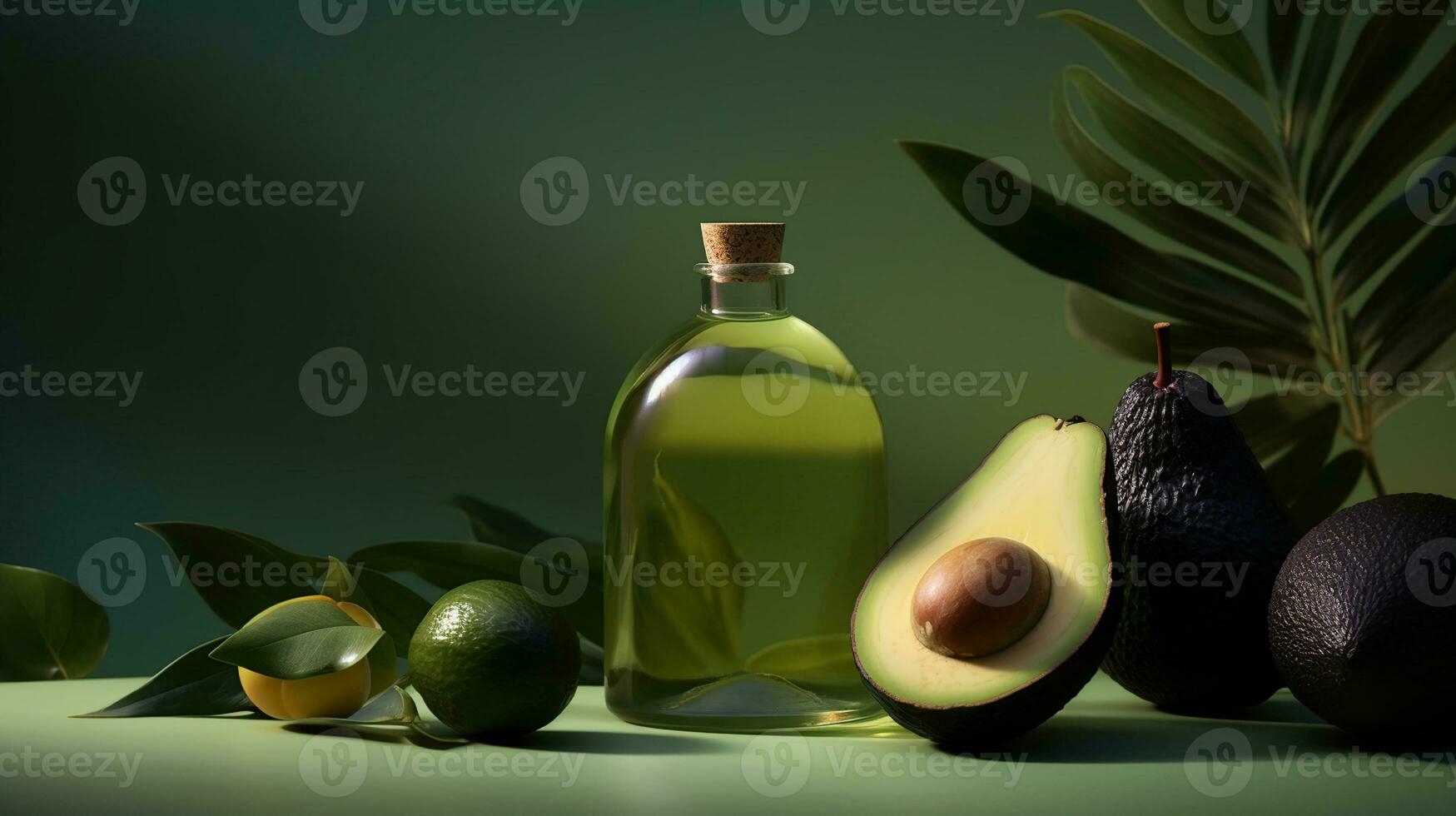 composición con botella de esencial aceite, aguacate en color fondo, generativo ai foto