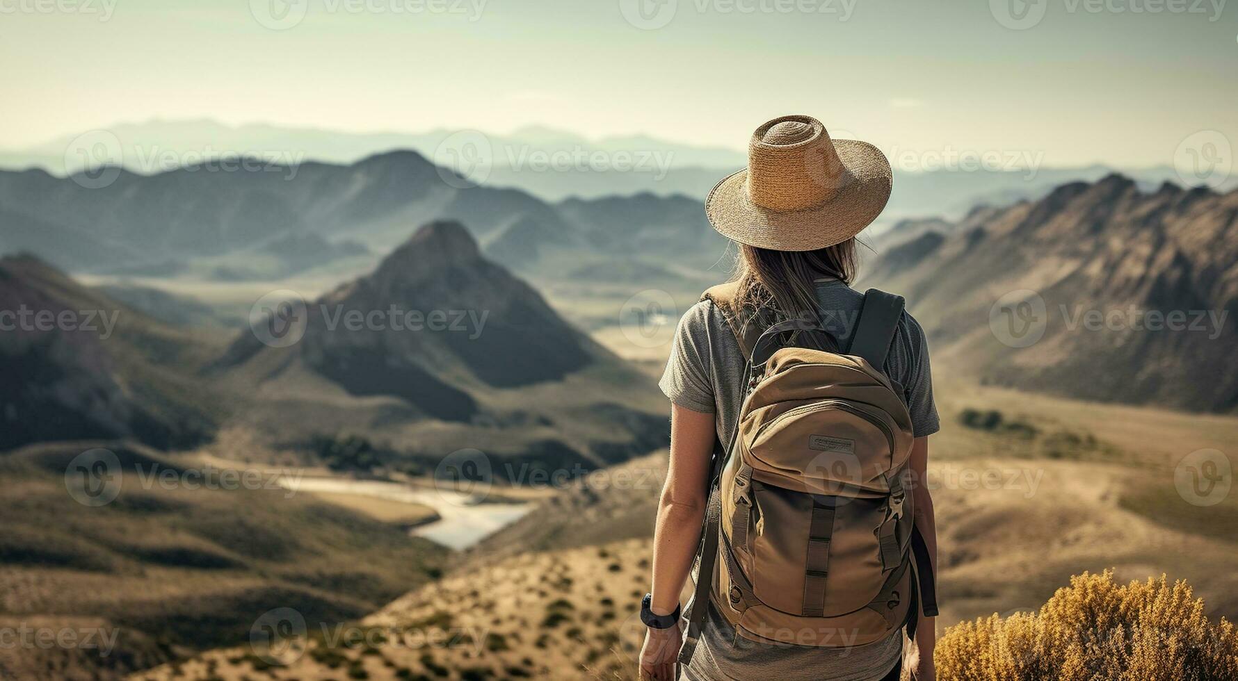 Rear view of female hiker with backpack looking out over a landscape. Generative AI photo