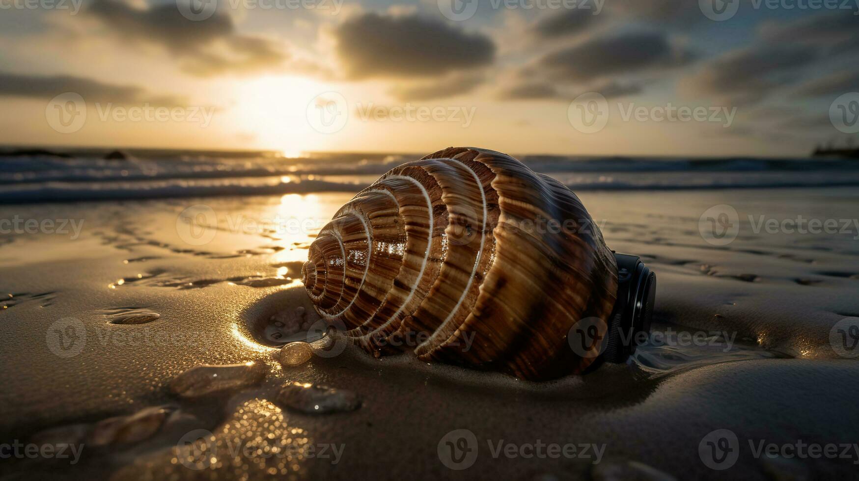 Tyndall effect light rays through the large Nautilus shell, laying on the beach in the waves of the ocean, golden hour, bokeh effect. AI Generative photo