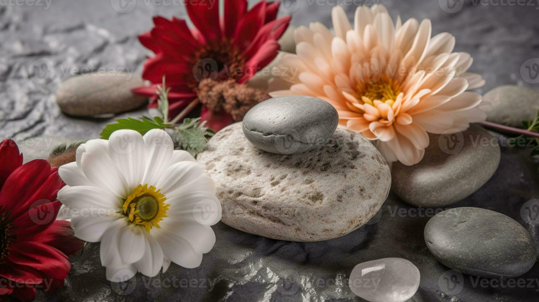 Composition with symbolic objects for spa salon. Stone therapy attributes for cosmetic procedures. Conceptual image, rocks and flowers representing balance. Close up, AI Generative photo