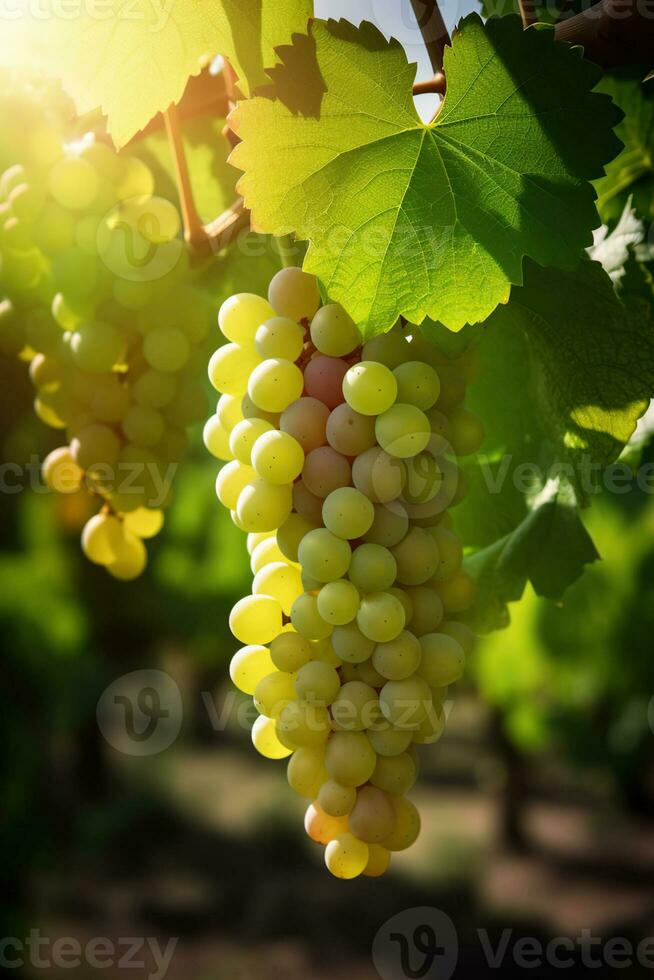Sunny summer, Clusters of ripe grapes in the vineyard, Full, Crystal clear fruit, Vineyards in the background, Generative AI photo
