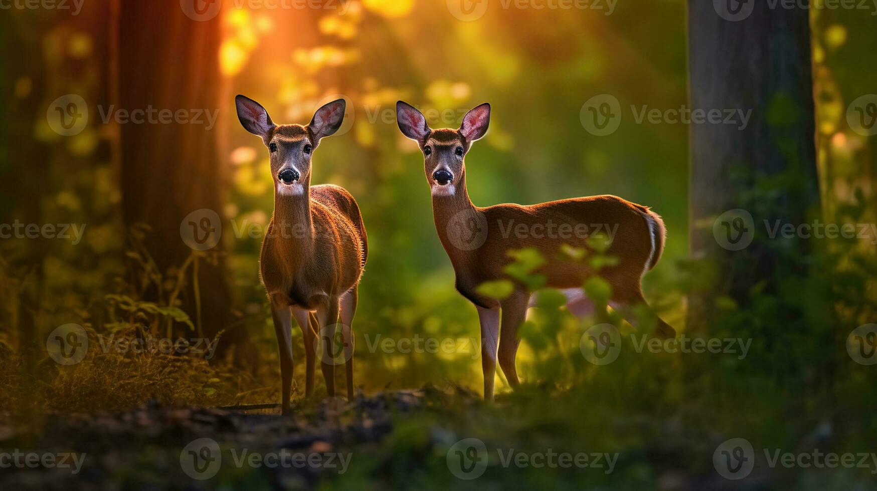 Deer and doe in the woods at sunset, in the style of photorealistic portraits, Generative AI photo