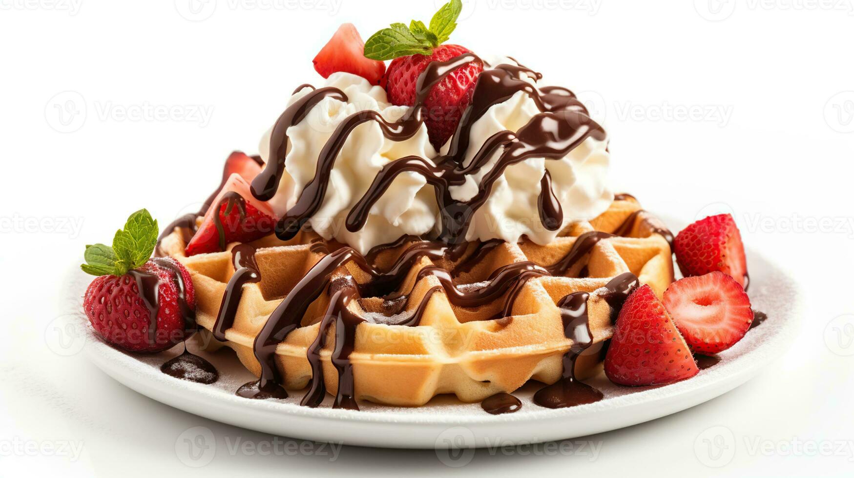 Chocolate strawberries over waffles and chocolate sauce, in the style of black and white mastery, roller wave, dynamic color schemes, Generative AI photo