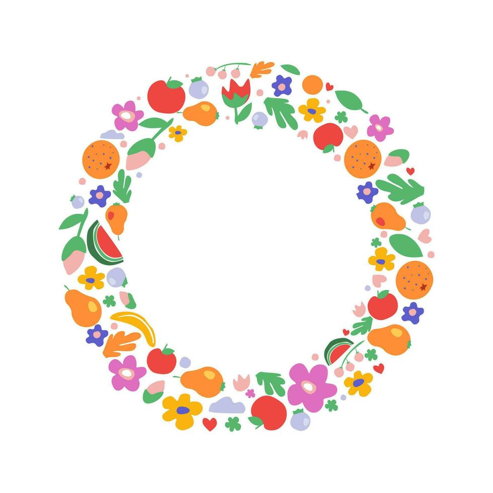 Rounded frame with fruits, berries, branches, leaves, summer bright abstract natural elements, with copy space inside. Vector graphics.