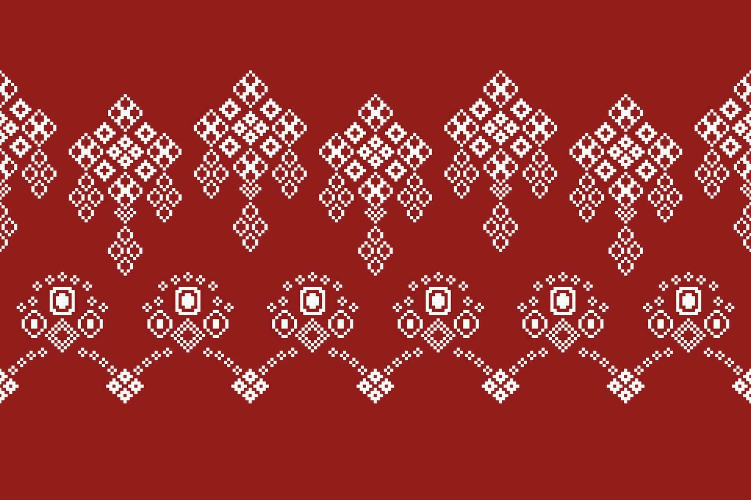 Ethnic geometric fabric pattern Cross Stitch.Ikat embroidery Ethnic oriental Pixel pattern red background. Abstract,vector,illustration. Texture,clothing,frame,decoration,motifs,silk wallpaper. vector