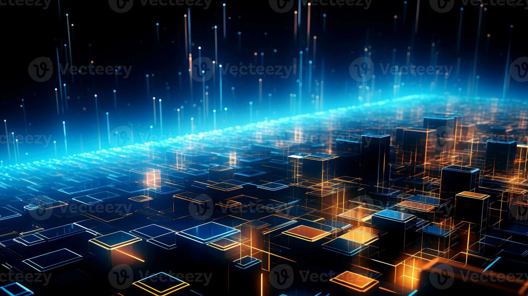Abstract technology background with glowing cubes. Futuristic line and dot with bokeh abstract background concept. photo