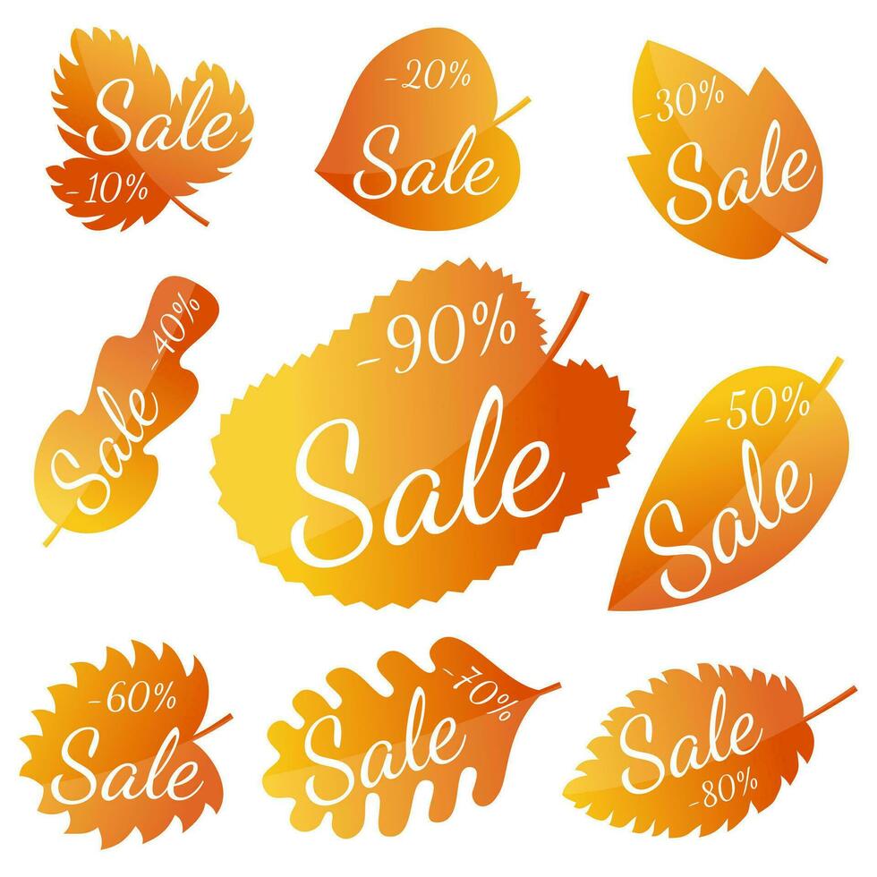 Set of autumn yellow-red leaves with inscription Sale. Discounts from 10 to 90 percent. Vector illustration.