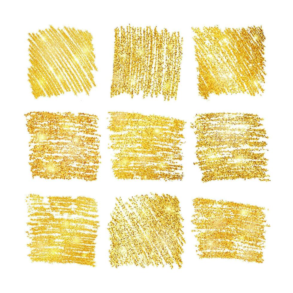 Set of nine golden paint glittering square backdrops on a white background. Background with gold sparkles and glitter effect. Empty space for your text.  Vector illustration