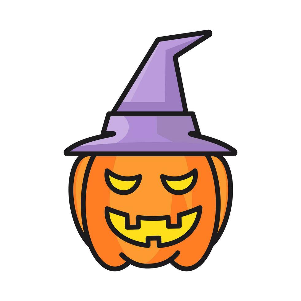 de miedo Víspera de Todos los Santos calabaza vistiendo un bruja sombrero en un blanco fondo, contento Víspera de Todos los Santos decoración elemento, vector ilustración