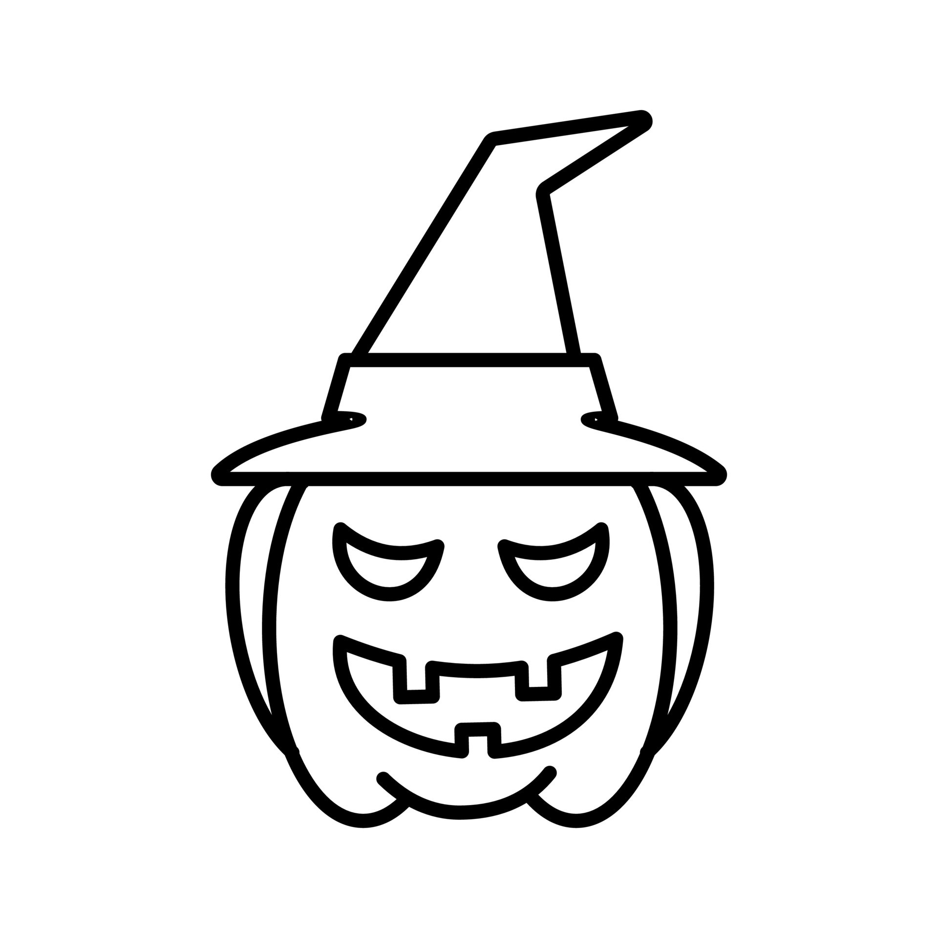 Vetor do Stock: Coloring page. Black and white vector illustration with  happy pumpkin in witch hat. Lettering `Happy Halloween`.