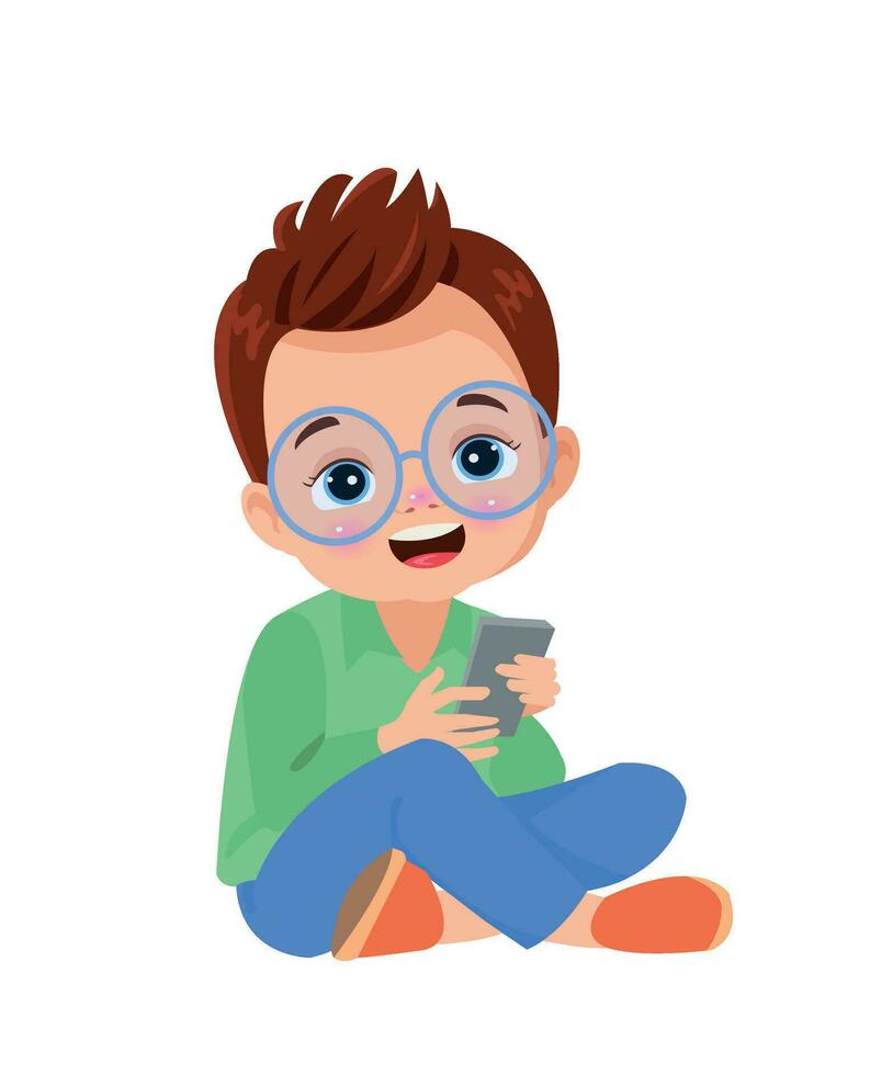 boy playing with phone cross-legged vector