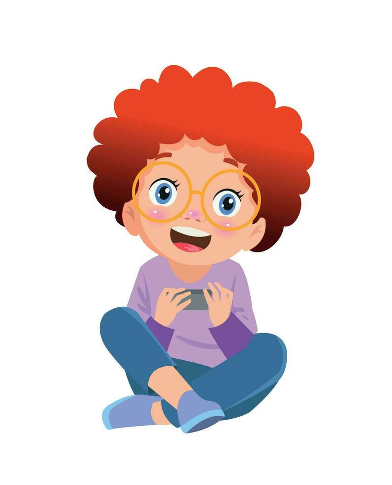 boy playing with phone cross-legged vector