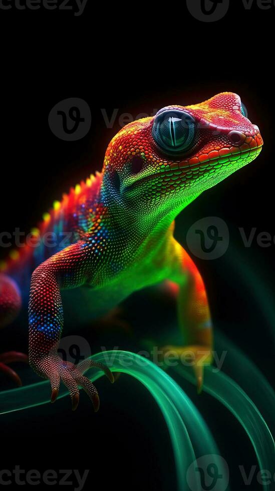 Neon Gecko on Dark Background Generative AI photo