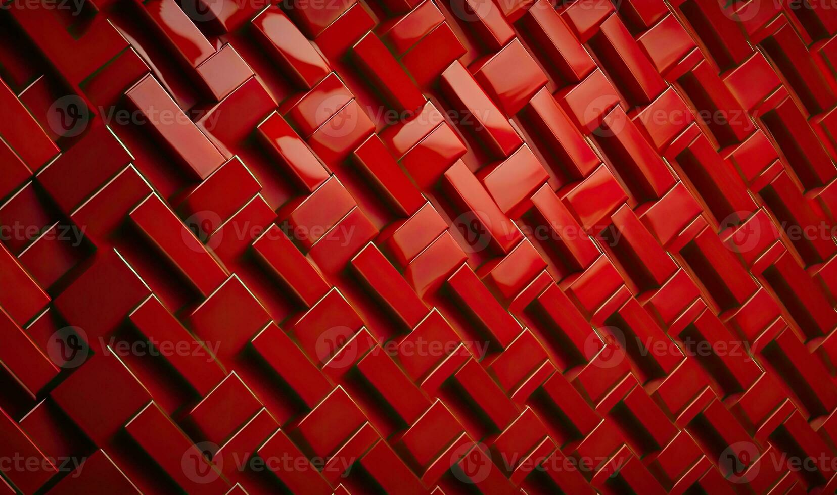 Red Herringbone Mosaic Wall with 3D Stacked Blocks photo