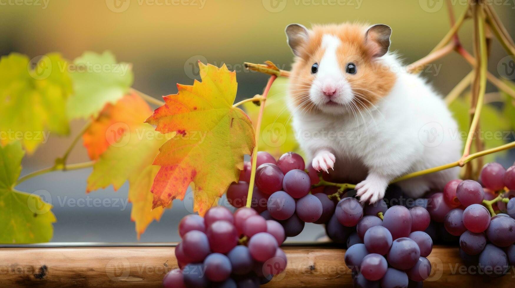 Cute Hamster Harvesting Grapes in Calm Autumn AI Generated photo