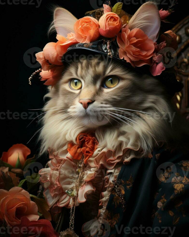 Colorful Anthropomorphic Rococo Cat AI Generated photo