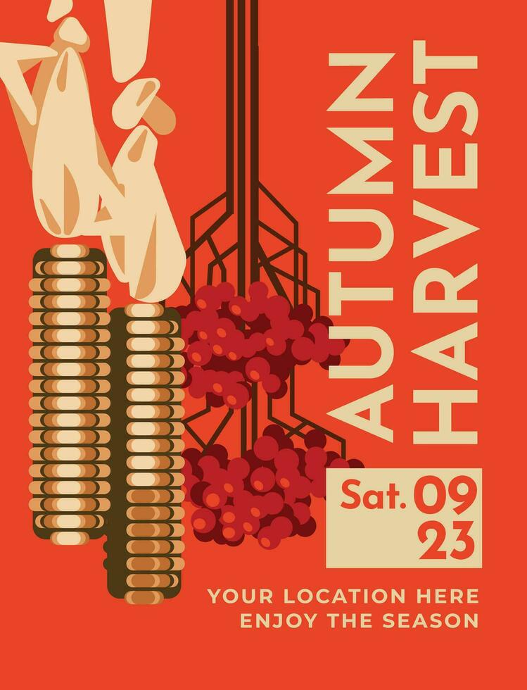 autumn harvest poster. Viburnum and corn on a red background. Farmer's Market Fall Harvest Festival. Geometric flat style. Vector illustration