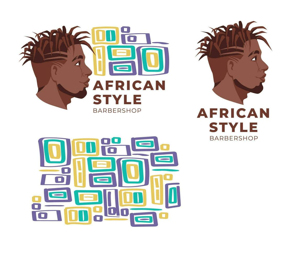 Beauty salon logo and identity. Flat vector illustration of men face. Traditional curly hairstyles of African American men.