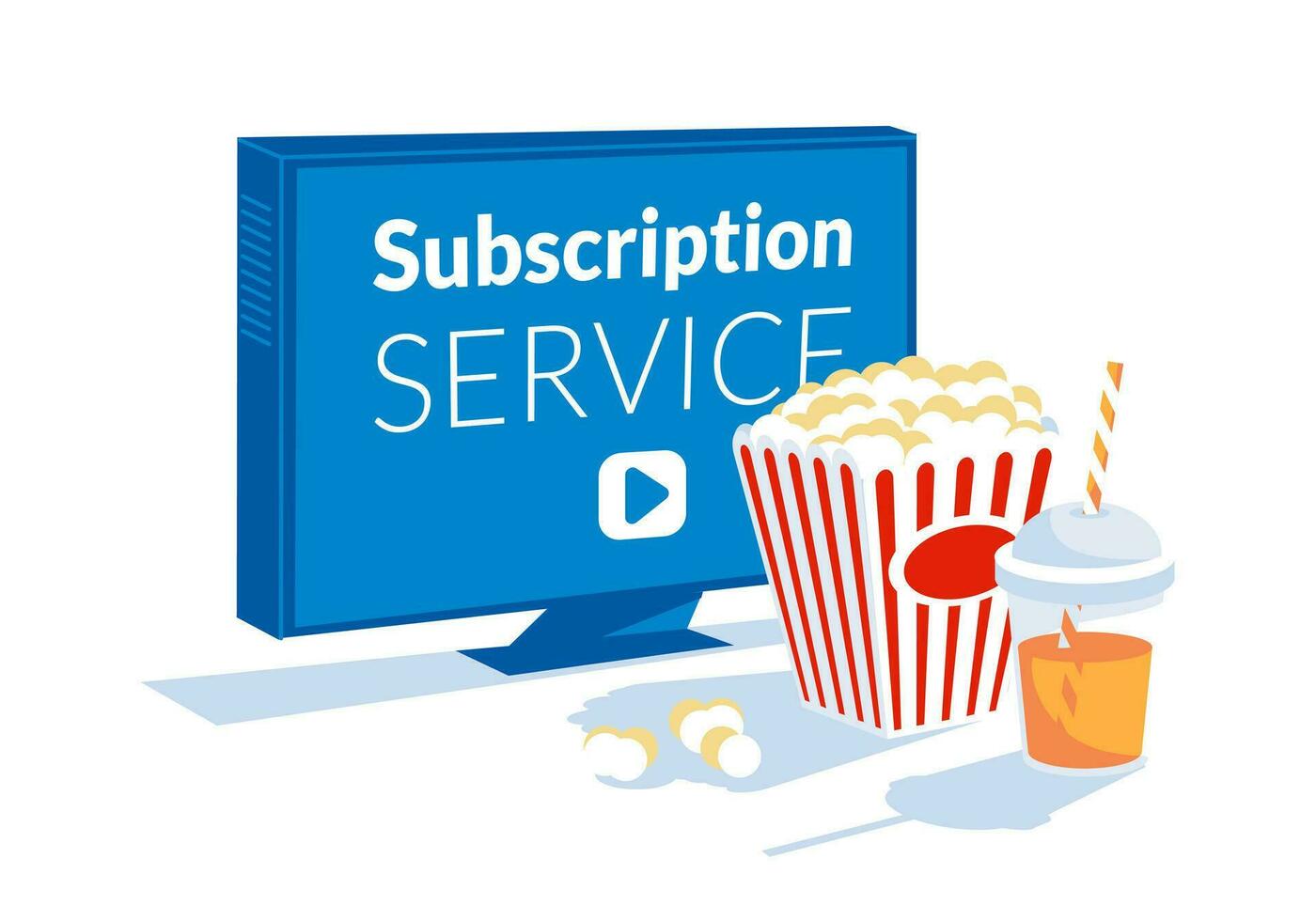 metaphor for media content subscription service. A large paper glass of popcorn and a glass of drink on the background of a large TV screen. Access to films and shows is open. vector