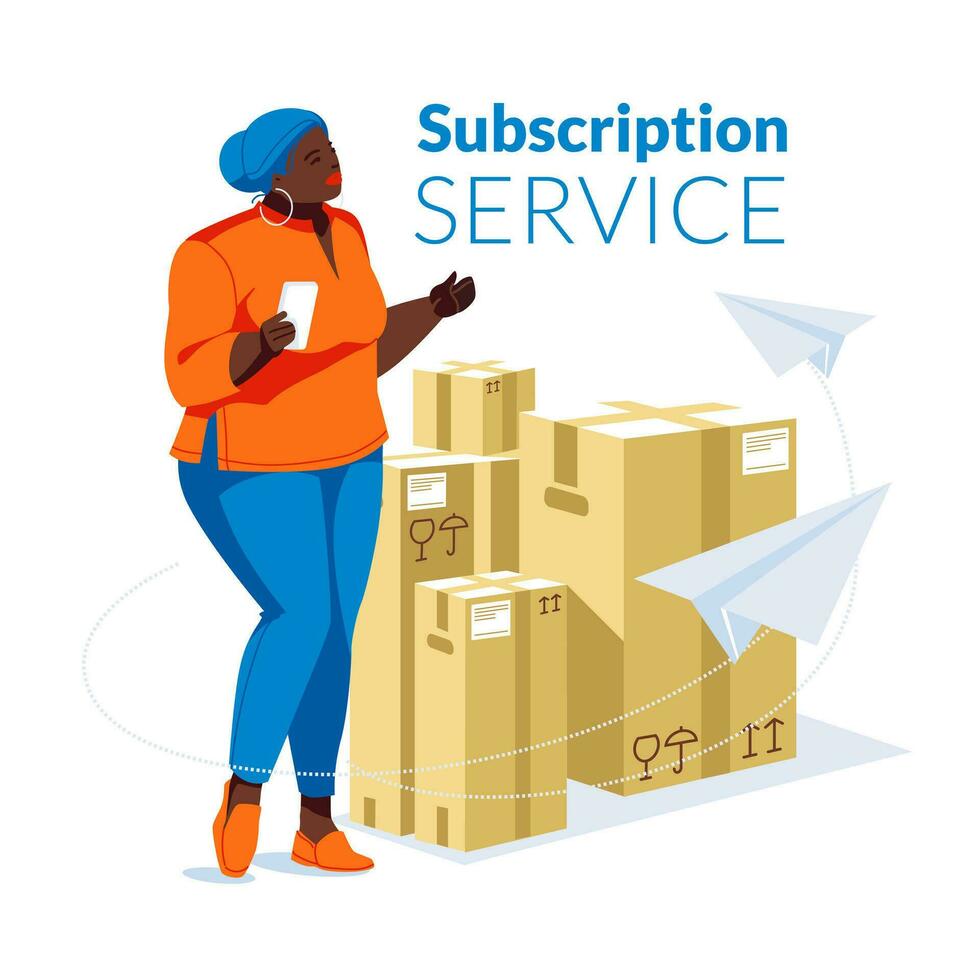 metaphor for subscription and delivery service. Happy black woman standing with a smartphone in her hand. A group of large paper boxes in the background. Paper planes are flying. vector