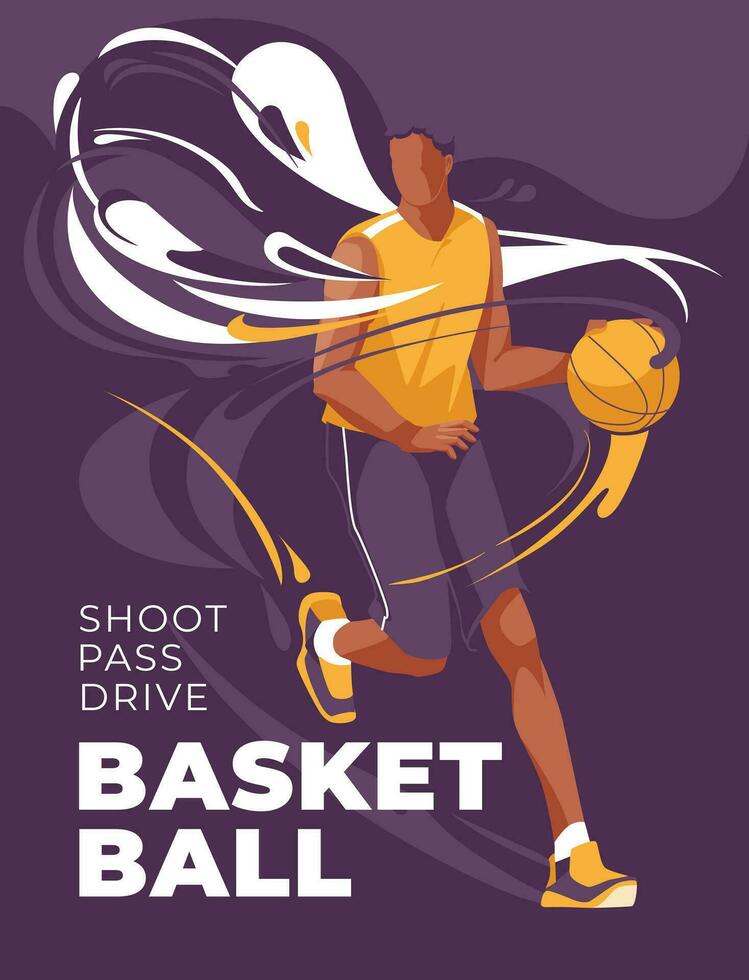 basketball poster design with athlete running and abstract splash background. Vector flat illustration