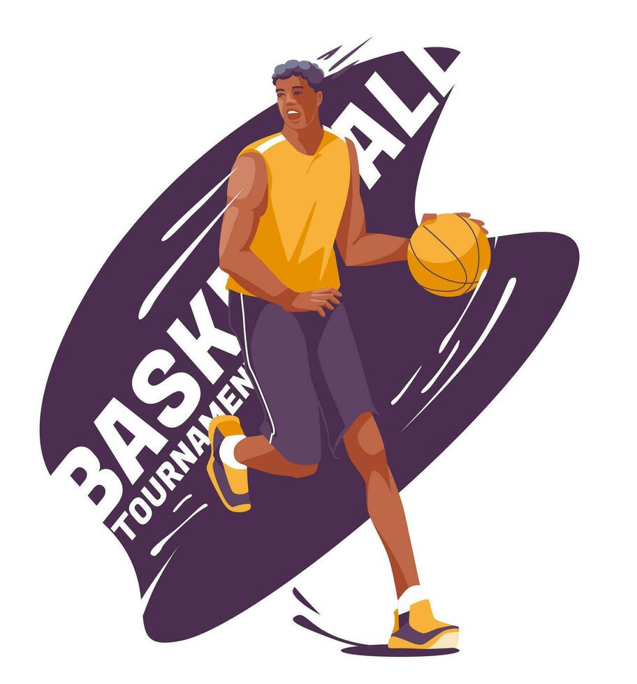 baloncesto torneo póster o volantes concepto. diferente jugadores de el baloncesto equipo saltar con pelotas. chapoteo antecedentes. vector plano ilustración