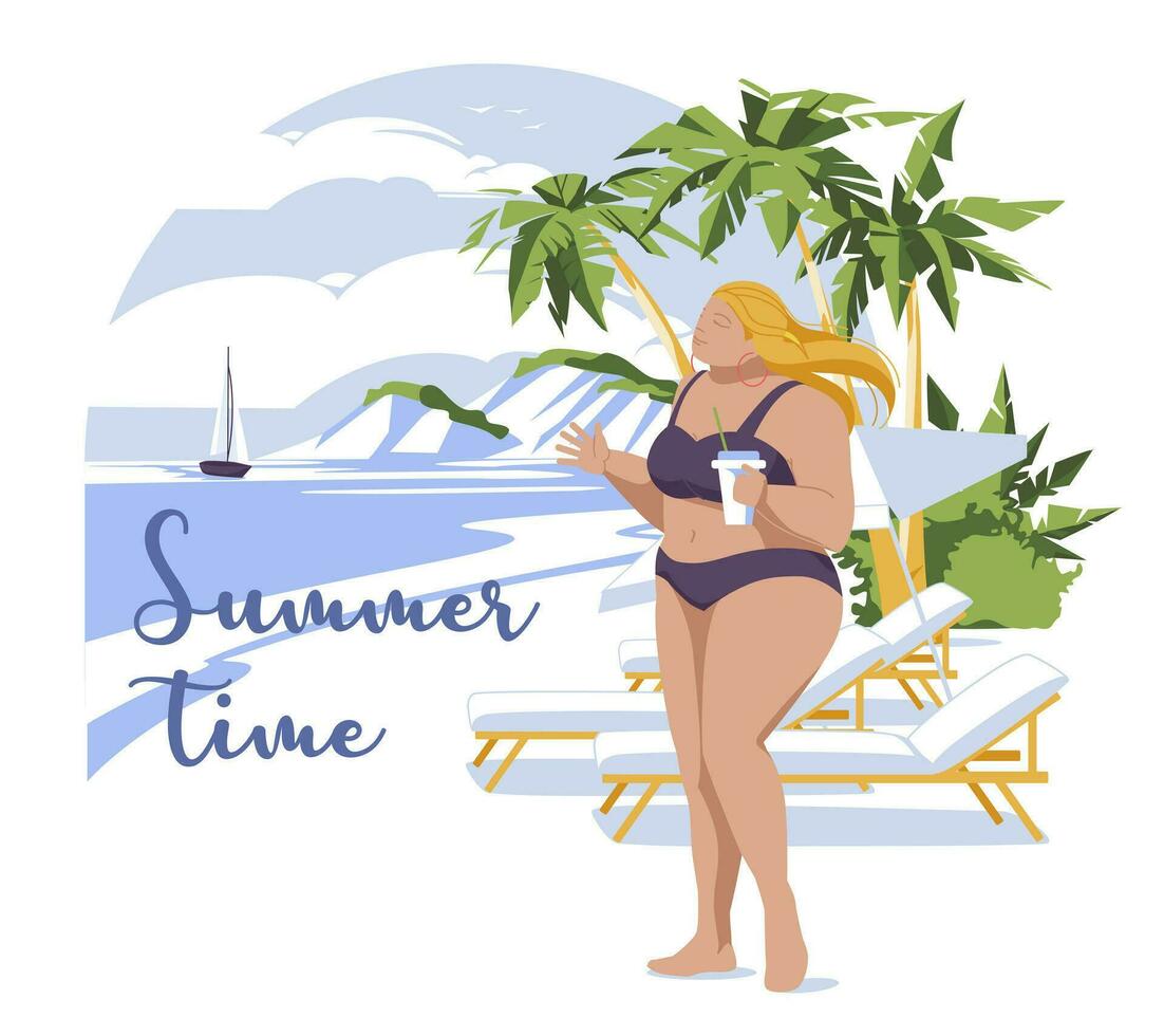 girl plus size standing on a tropical beach. Ideas for vacation and recreation. Flat vector illustration
