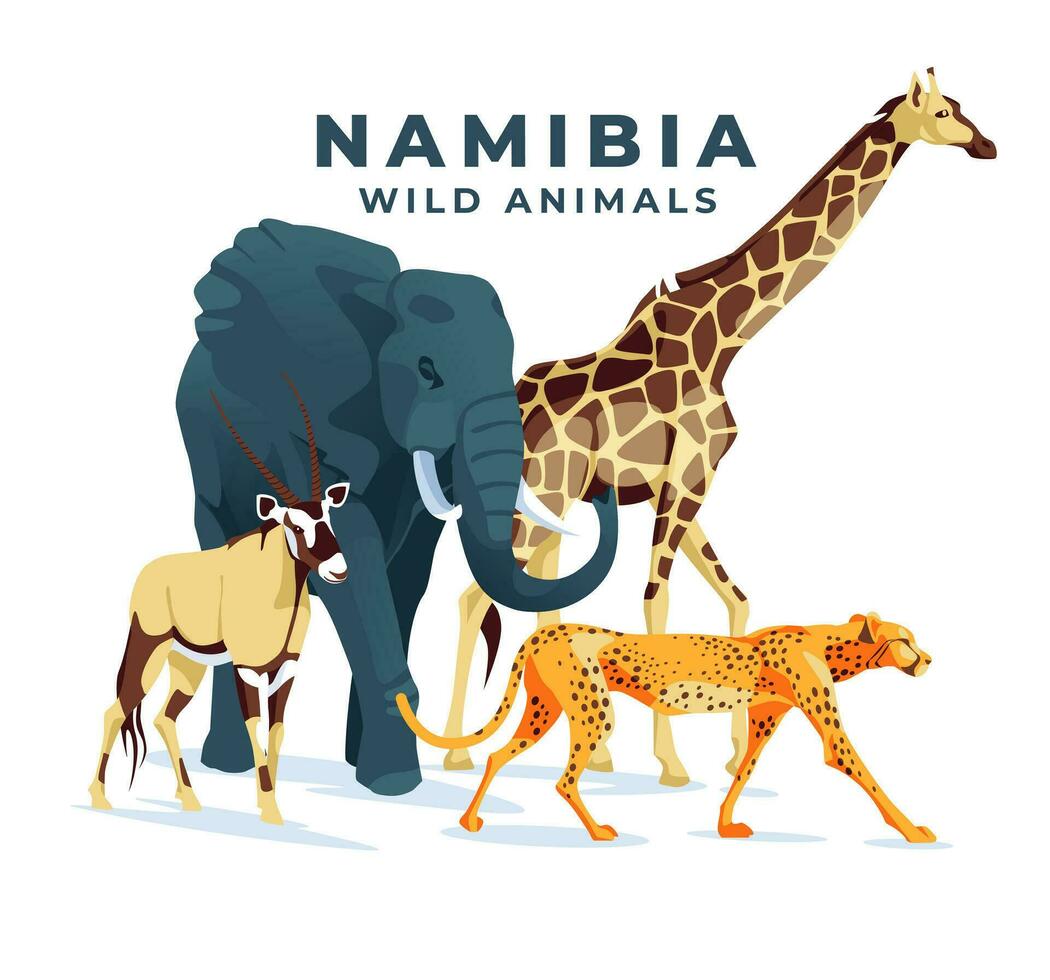 Wild African animals on a white background elephant, giraffe, cheetah, oryx antelope. vector