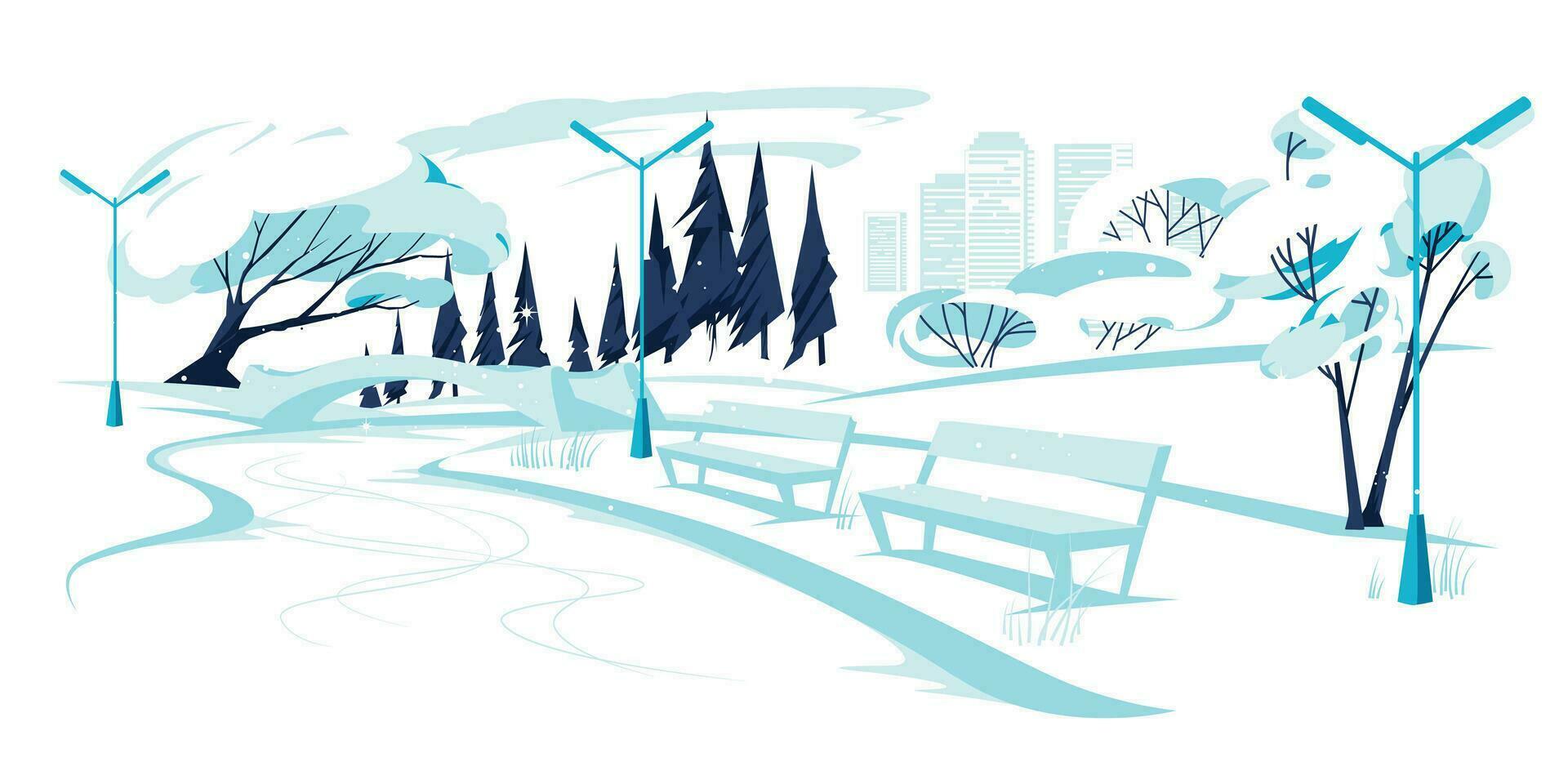 Vector flat style panoramic landscape on winter city park with skyline of buildings, blue sky, trees in the snow, coniferous trees, icy lake, river, bridge, benches