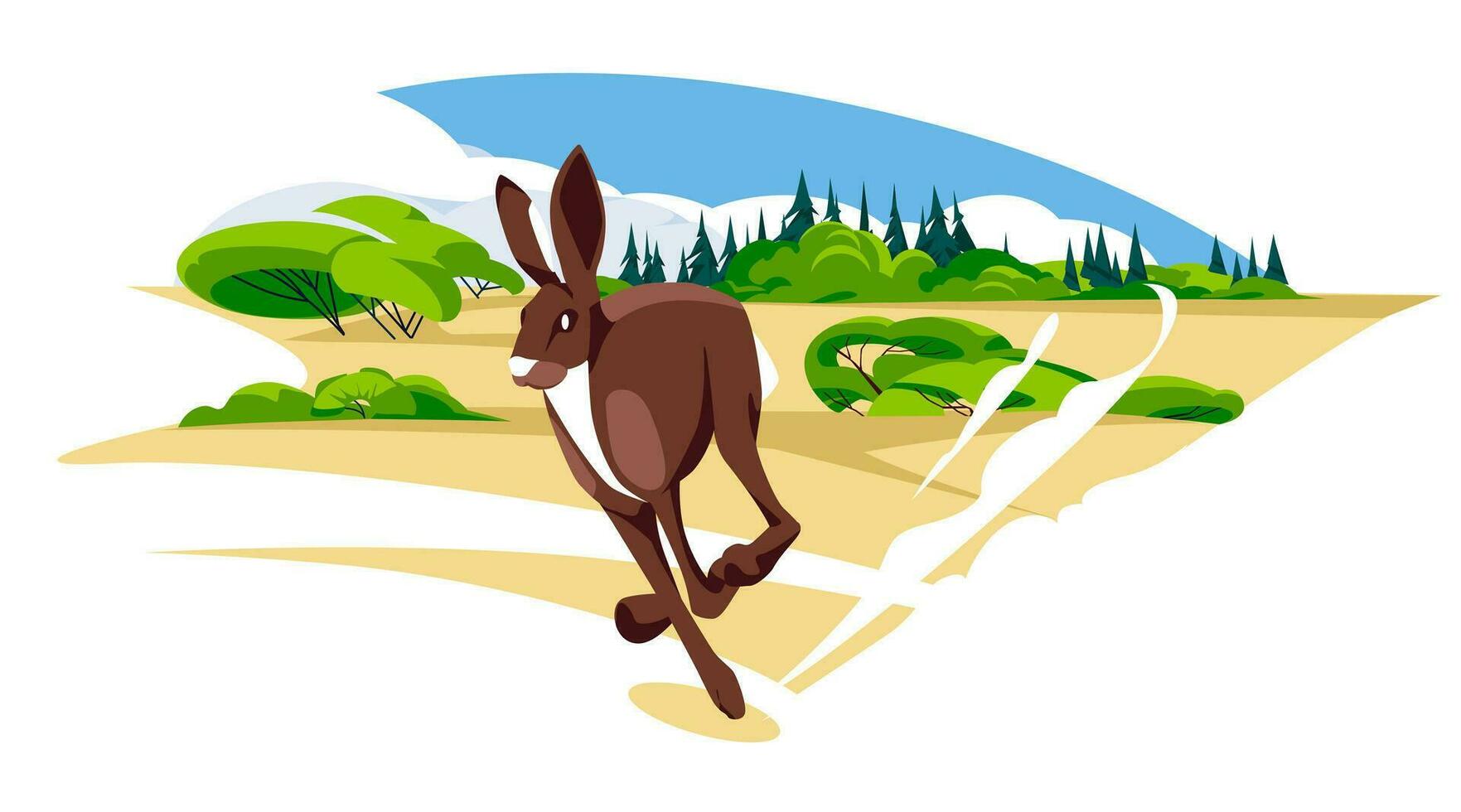 A hare runs alone on a summer meadow. Wild animals are common. Coniferous forest and clouds background. Vector flat illustration