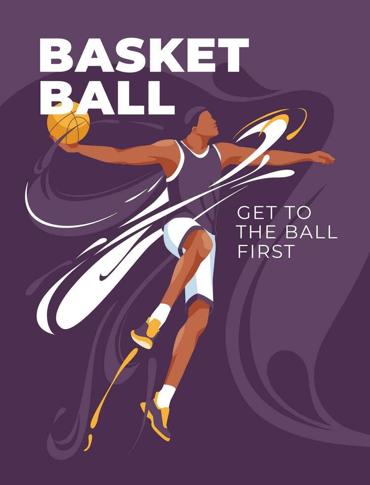 basketball poster design with athlete running and abstract splash background. Vector flat illustration