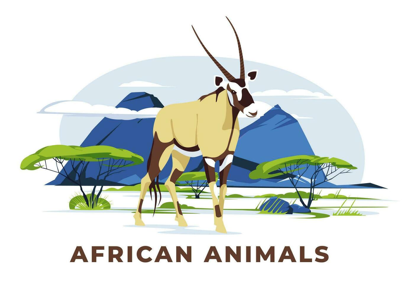 A single Oryx Gazelle stands on a savannah landscape. Wild African animals. Vector flat illustration