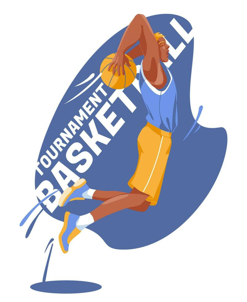 A player of the basketball team drives up to throw the ball into the basket. The nature of the sports game. Isolated on white background. Vector flat illustration
