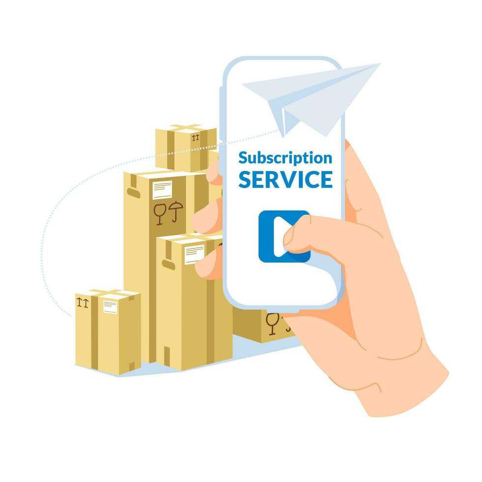 metaphor of subscription and delivery service. A hand with a big smartphone in front of a group of boxes in the background. A paper plane flies around a large smartphone. Flat vector illustration.
