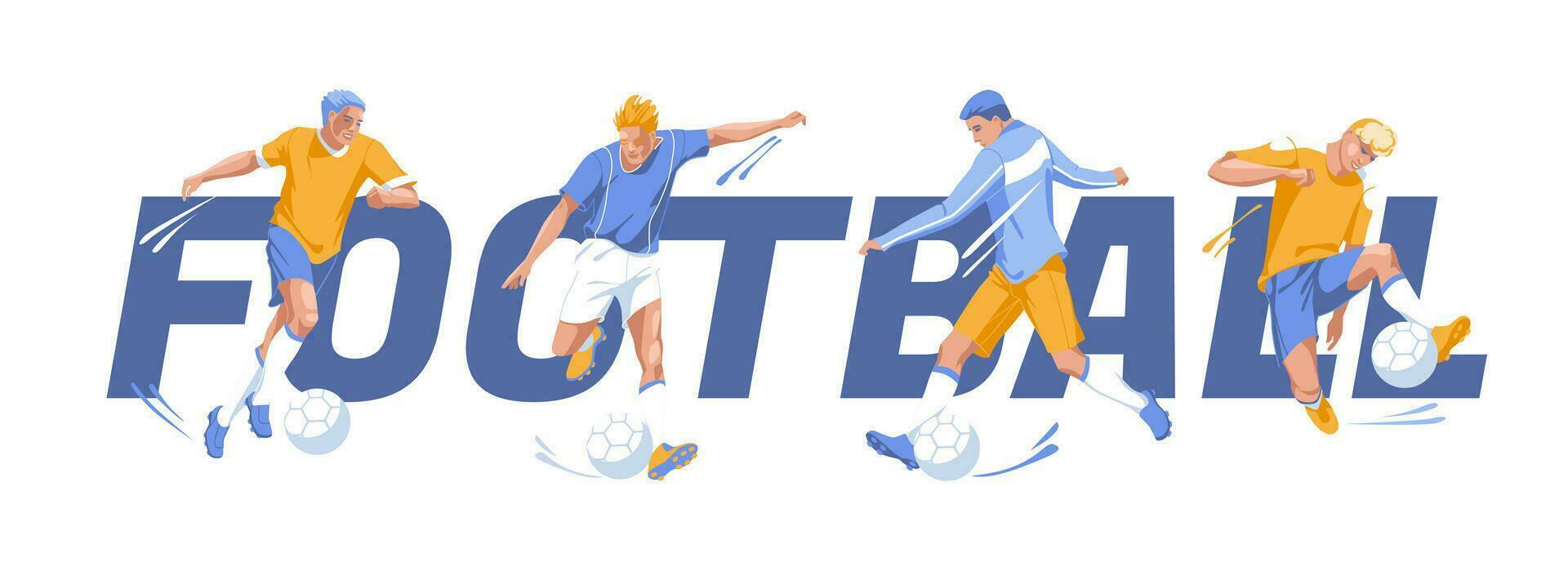 Soccer tournament poster or flyer concept. Different football players kicking the ball on the background of capital letters. Vector flat illustration