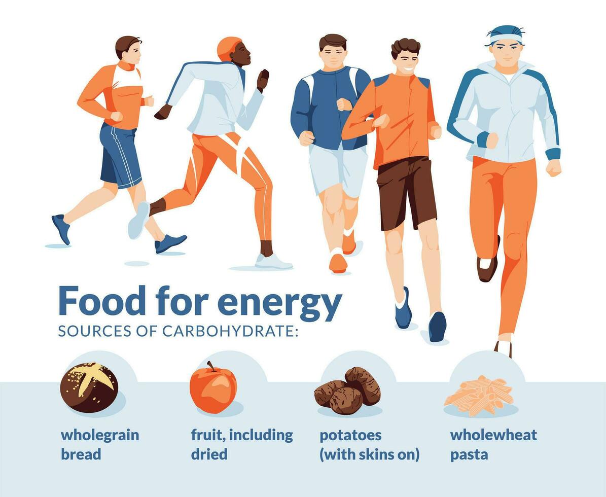 corriendo Deportes y comiendo para energía. infografía. un grupo de diferente hombres corriendo en un blanco antecedentes. dieta comida iconos plano vector ilustración