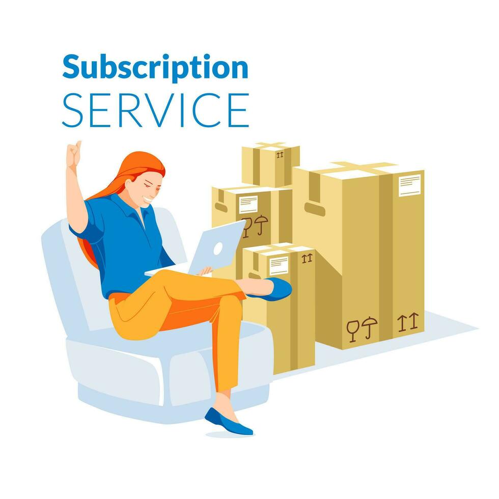 metaphor for subscription and delivery service. Happy attractive girl is sitting at home with a laptop. A group of large paper boxes in the background. Access to various products is open. vector