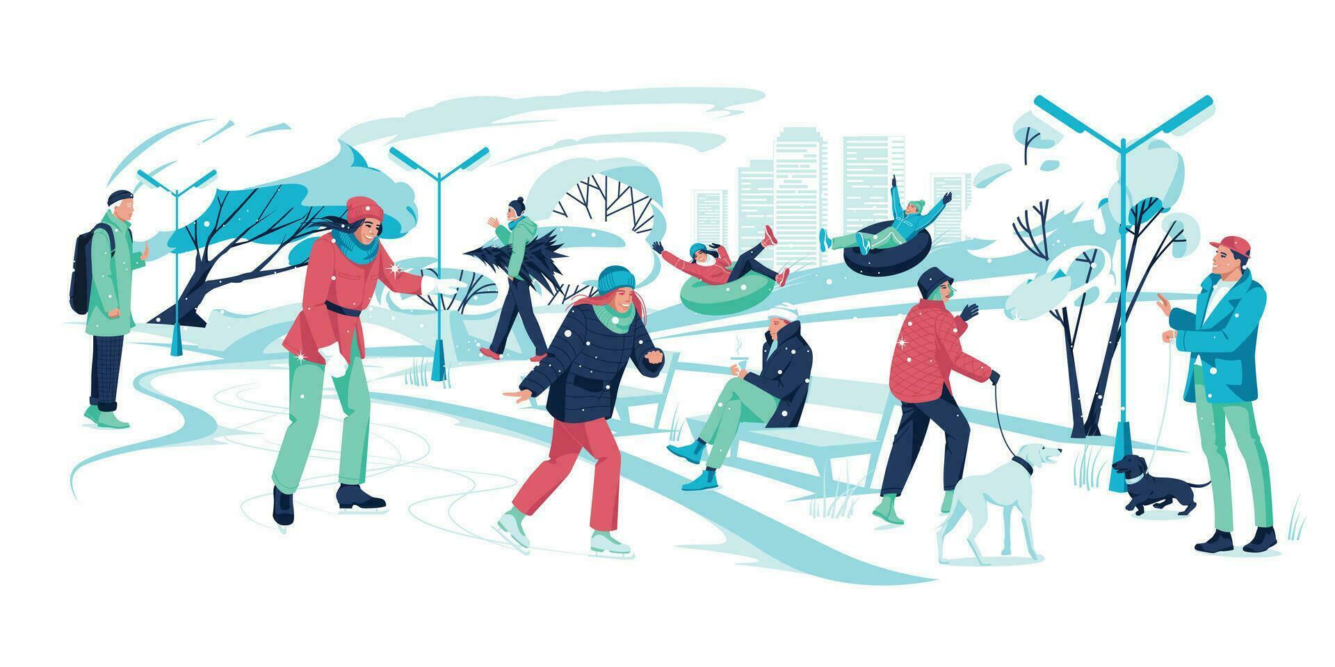 People walking in park. Men, women doing winter activities. Snowy landscape panorama. Active characters ice skating, ride snowtubing, walking with dogs, communication. Flat vector illustration.