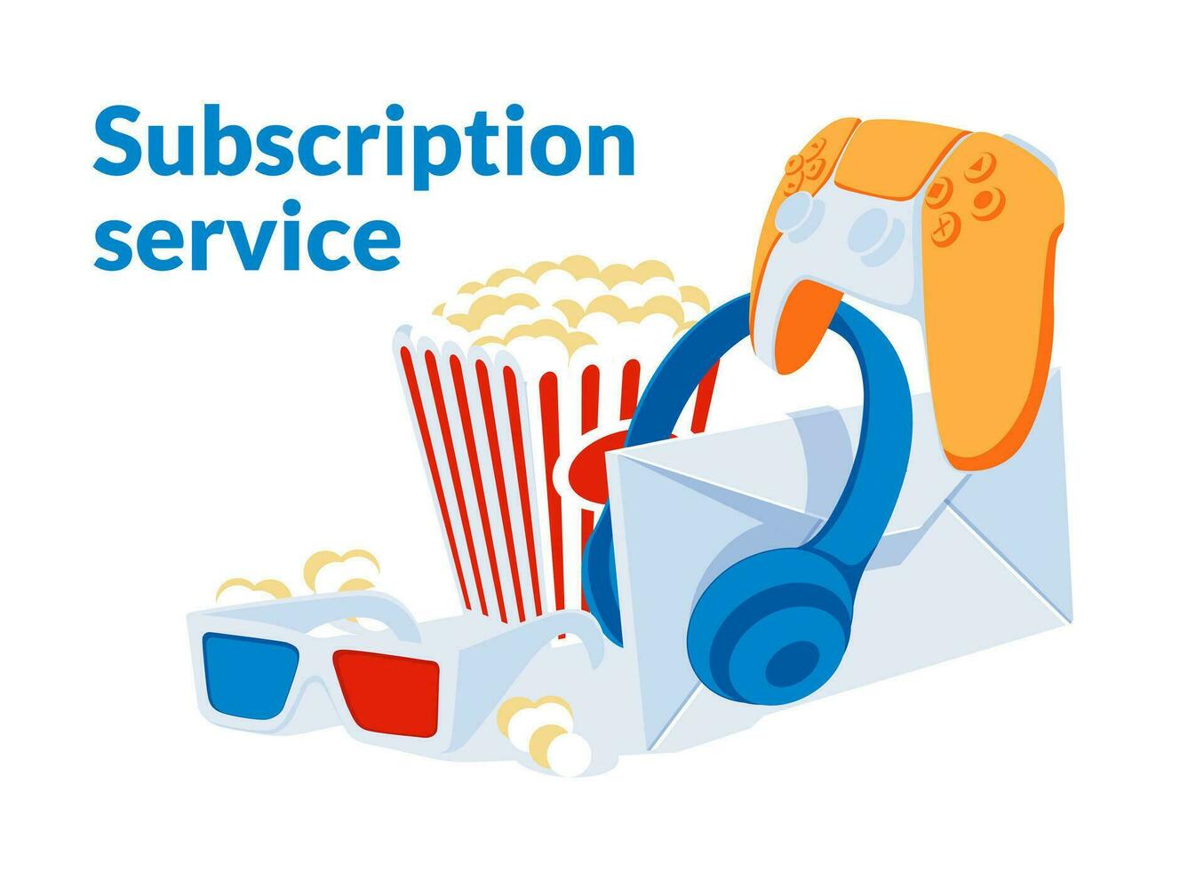 metaphor for media content subscription service. Large paper envelope, large headphones, popcorn paper cup, home game console, paper glasses for watching 3D movies. Access to movies, shows, music and vector