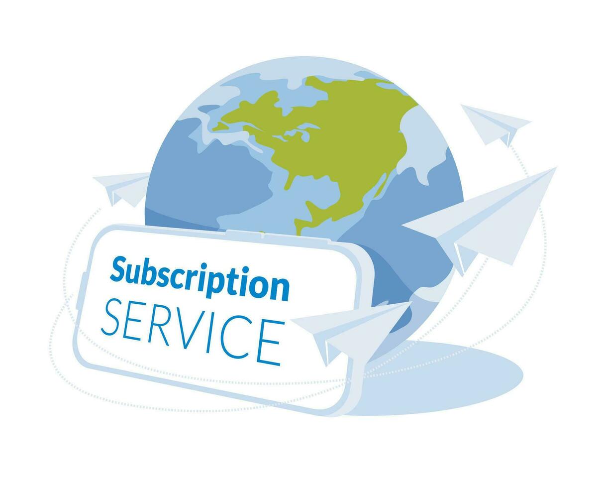 global subscription service metaphor, group of paper planes flying around big smartphone and planet earth. Flat vector illustration. Global open access.