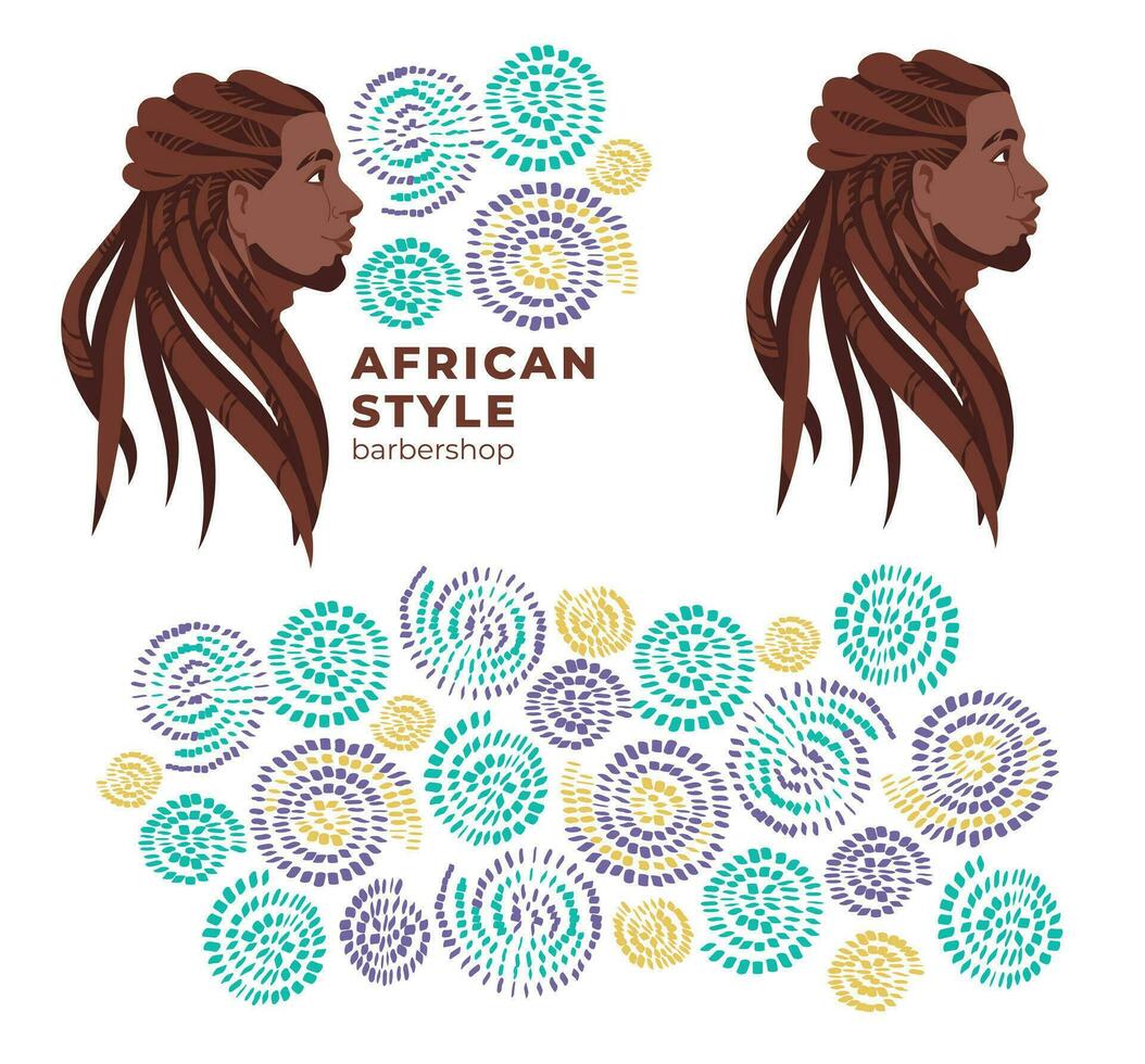 Beauty salon logo and identity. Flat vector illustration of men face. Traditional curly hairstyles of African American men.