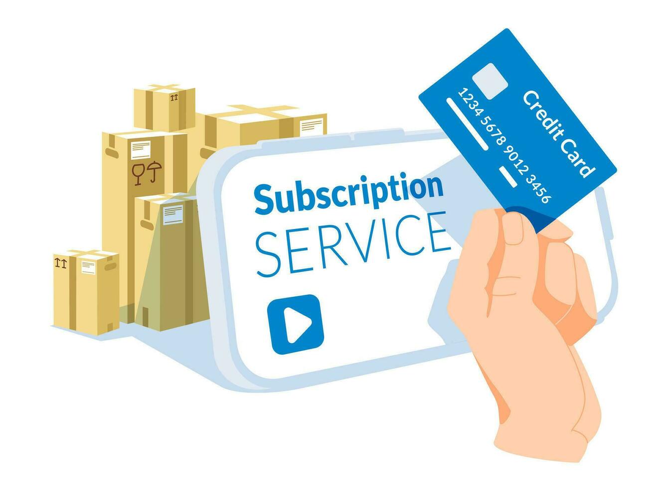 metaphor for subscription and delivery service. A hand holds a credit card on a large smartphone screen background. A group of large paper boxes. vector