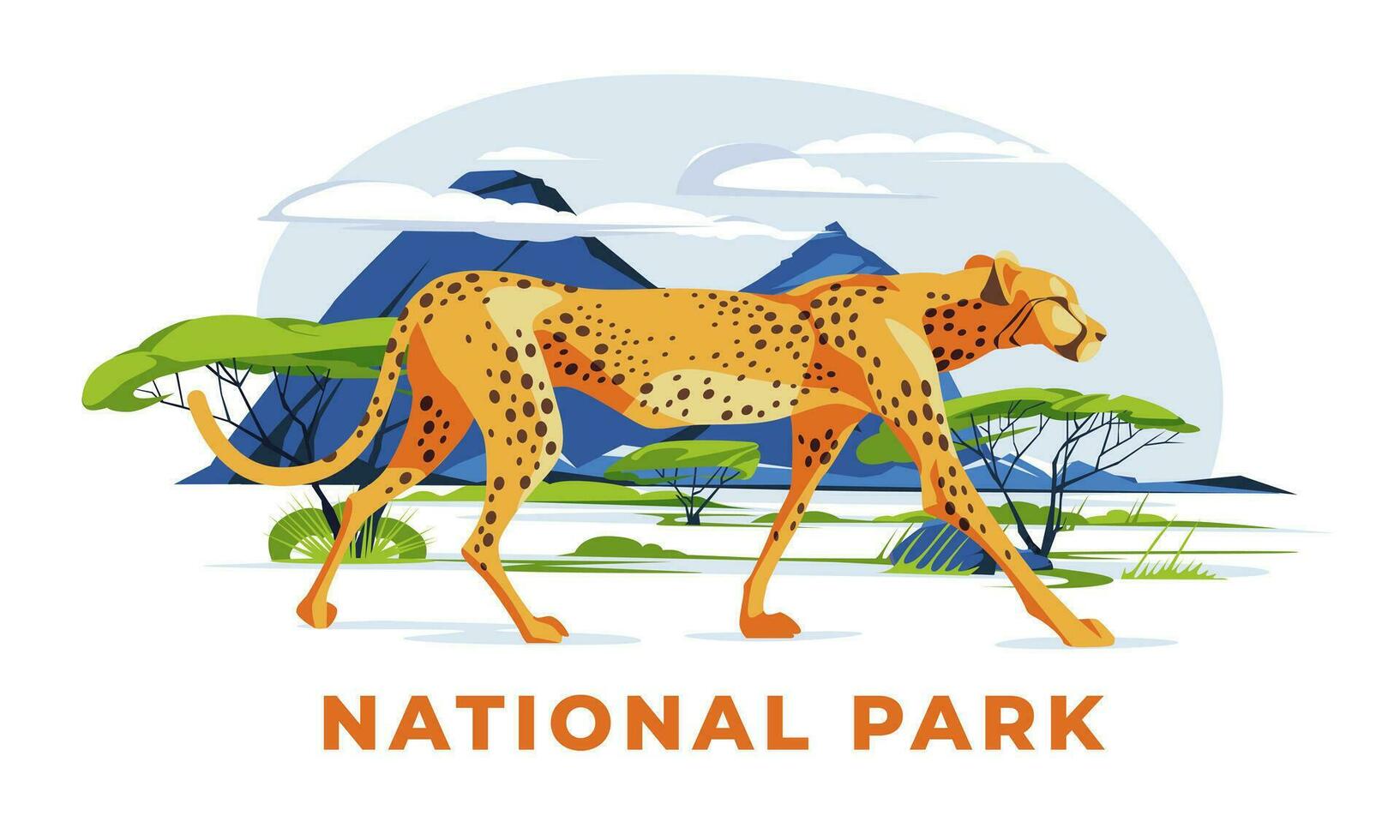 A cheetah walks alone on the savannah landscape. big cat Wild African animals in nature. Vector flat illustration