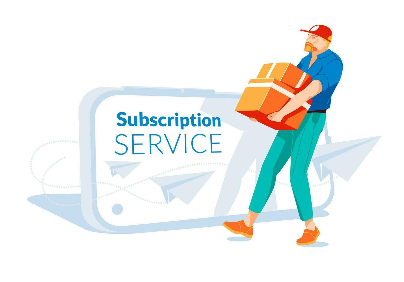 metaphor for global subscription and delivery service. The courier carries large boxes in front of a large smartphone. group of paper planes flying around a big smartphone. Flat vector illustration.