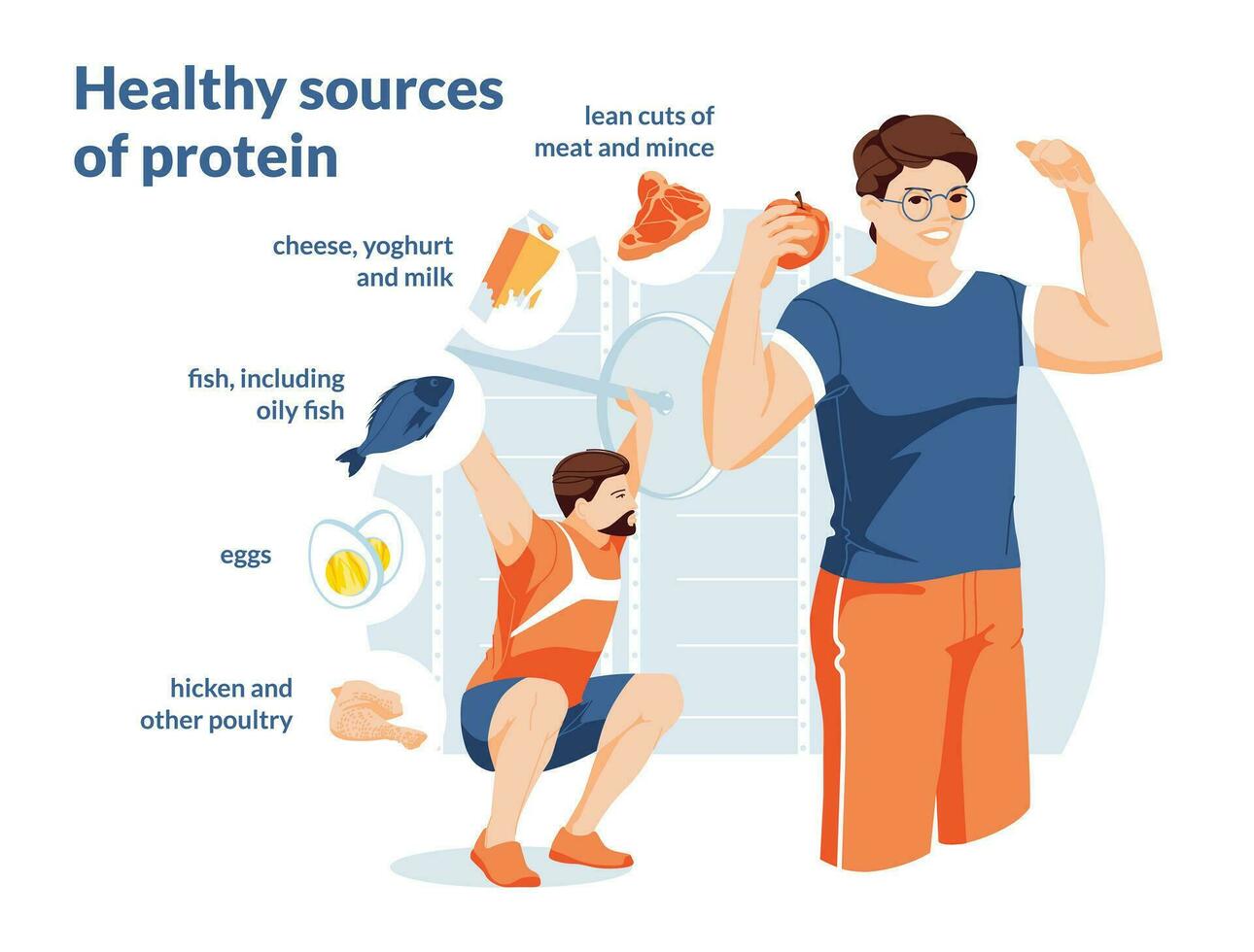 sano proteína fuente infografía. dos hombres en un blanco antecedentes son haciendo un ejercicio. crecimiento y sano comiendo. comida iconos tipografía. plano vector ilustración.