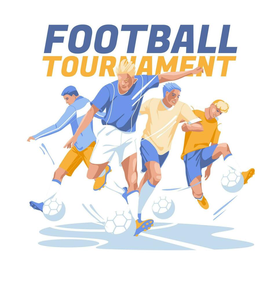 Soccer tournament poster or flyer concept. Different football players kicking the balls. Vector flat illustration