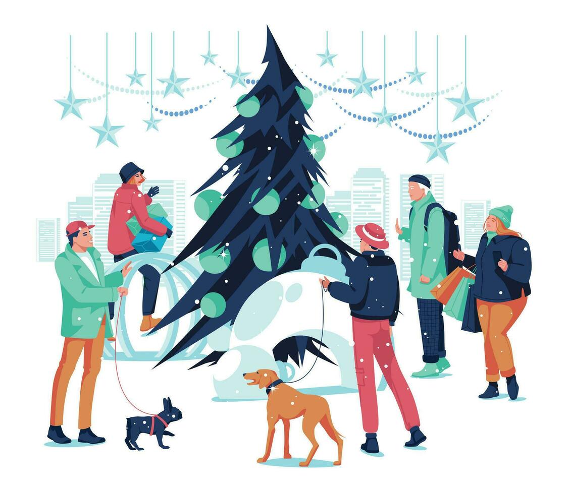 Winter holidays. Flat vector illustration of  people shopping, walking with dog and communication near christmas city tree in the New Year and Christmas