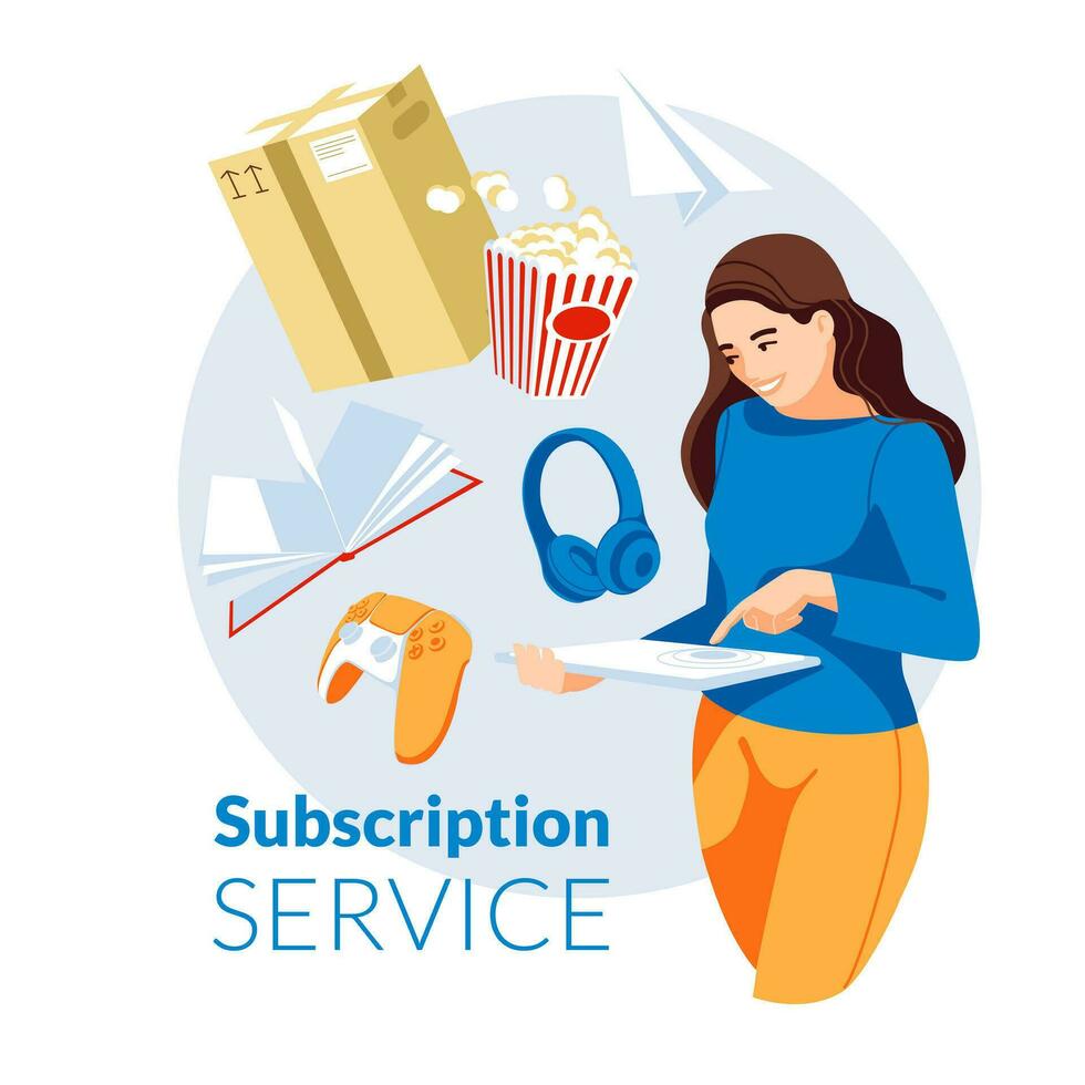 metaphor for subscription and delivery service. Happy attractive girl standing with a tablet in her hand. A group of large items boxes, headphones, a book, popcorn, a game console, a paper airplane. vector