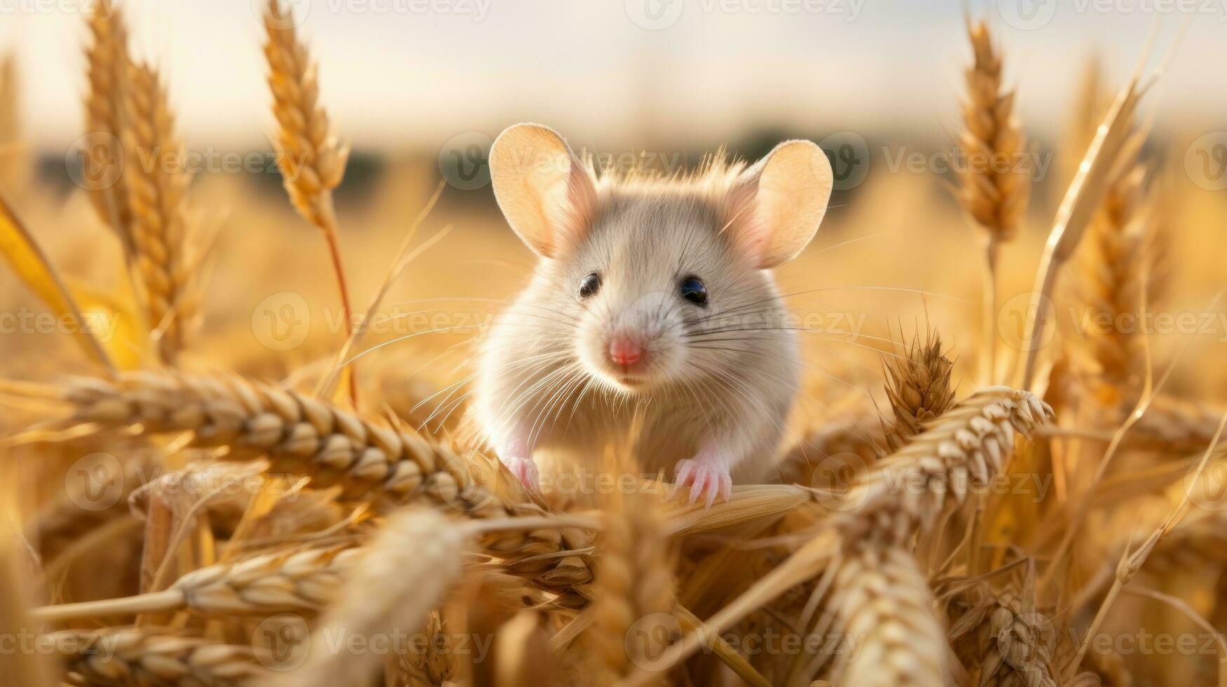 Gray Mouse in Field with Grain Spikelets AI Generated photo